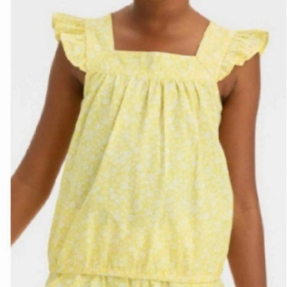 🐱2 / $15 NWOT Cat & Jack Girls' Sleeveless Floral Yellow Top Ruffle Sleeve (L) - Picture 1 of 7